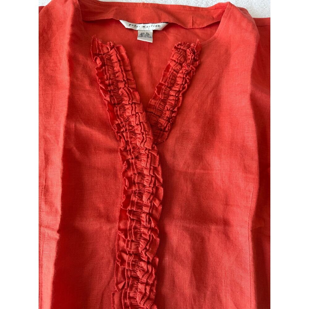 NWOT Linen blend Coral V-Neck Ruffle Trim tunic top tomato red festive Size-XL - Picture 8 of 8